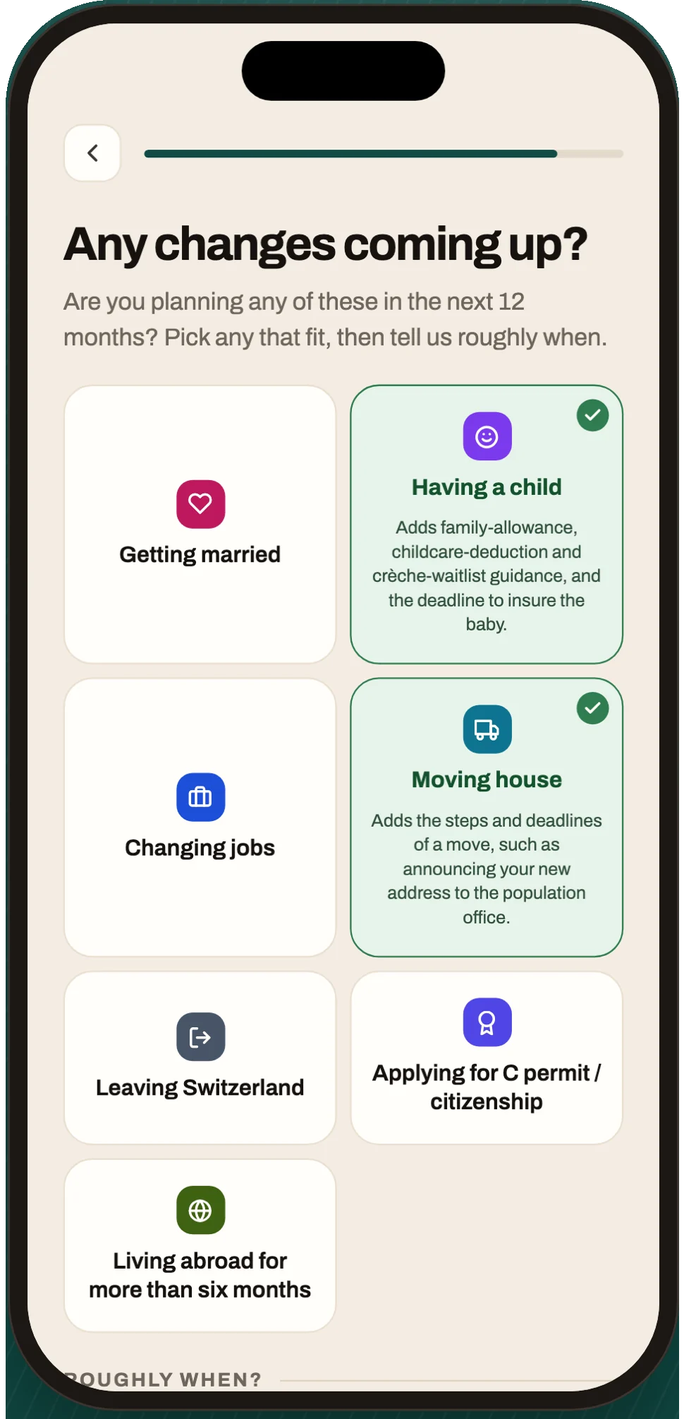 Klarzi life event selection for having a child or moving house